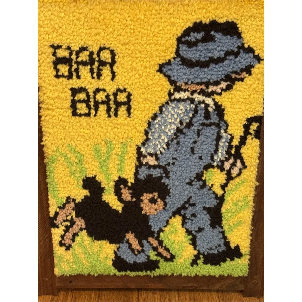Vintage Latch & Hook Rug Wall Art Baa Baa Black Sheep 70's  29.5